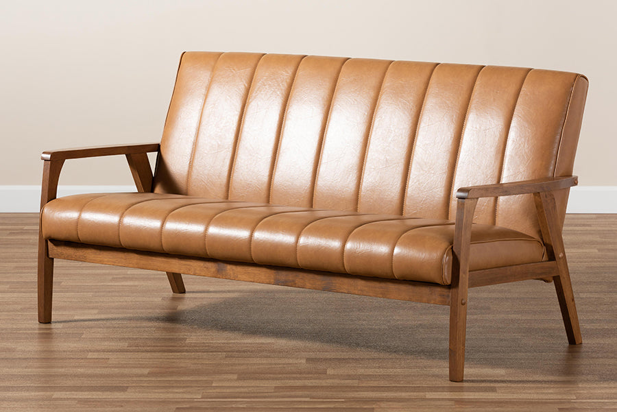 Baxton Studio Nikko Mid-century Modern Tan Faux Leather Upholstered and Walnut Brown finished Wood Sofa