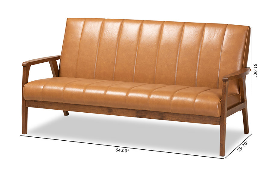 Baxton Studio Nikko Mid-century Modern Tan Faux Leather Upholstered and Walnut Brown finished Wood Sofa