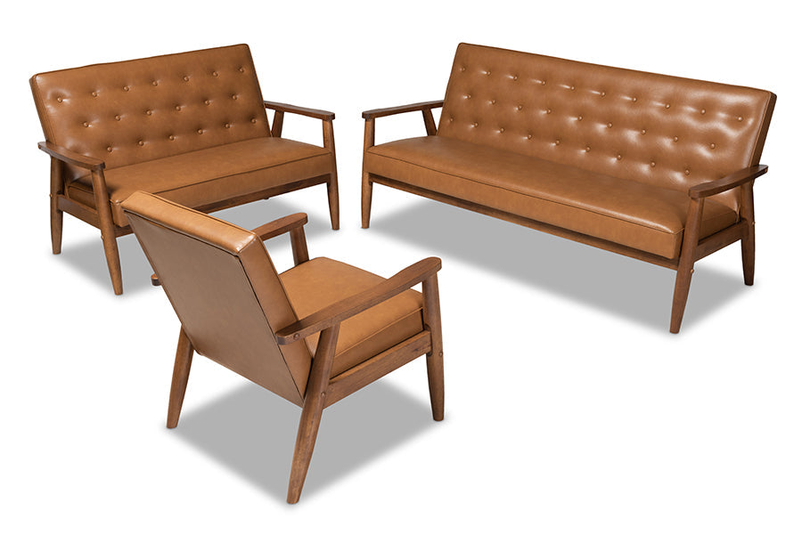 Baxton Studio Sorrento Mid-Century Modern Tan Faux Leather Upholstered and Walnut Brown Finished Wood 3-Piece Living Room Set