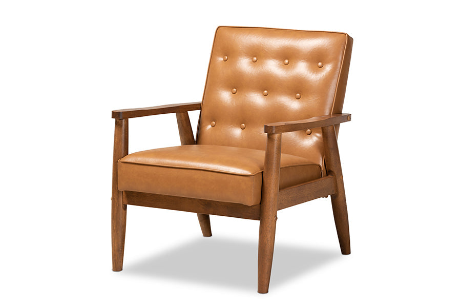 Baxton Studio Sorrento Mid-Century Modern Tan Faux Leather Upholstered and Walnut Brown Finished Wood 3-Piece Living Room Set