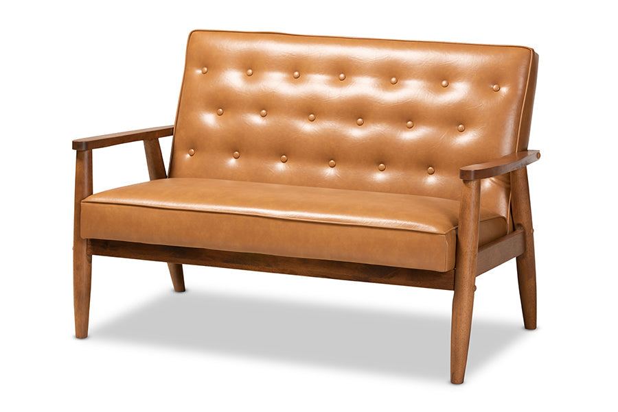 Baxton Studio Sorrento Mid-Century Modern Tan Faux Leather Upholstered and Walnut Brown Finished Wood 3-Piece Living Room Set