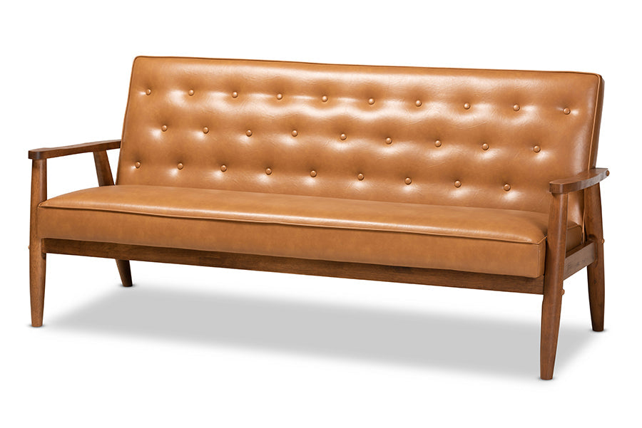 Baxton Studio Sorrento Mid-Century Modern Tan Faux Leather Upholstered and Walnut Brown Finished Wood 3-Piece Living Room Set