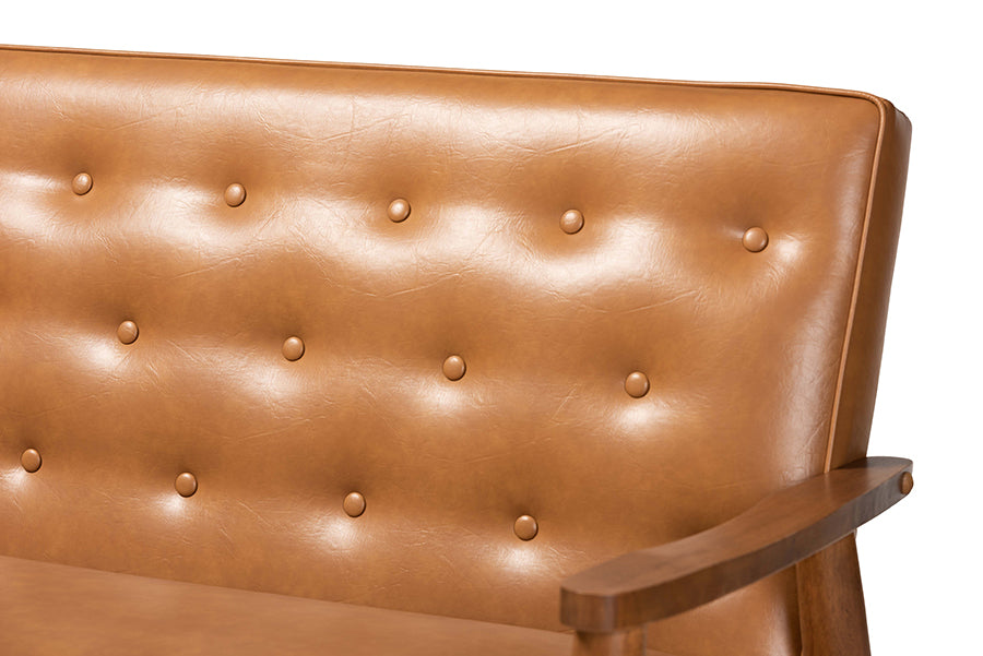 Baxton Studio Sorrento Mid-Century Modern Tan Faux Leather Upholstered and Walnut Brown Finished Wood 3-Piece Living Room Set