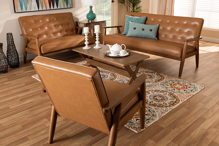 Baxton Studio Sorrento Mid-Century Modern Tan Faux Leather Upholstered and Walnut Brown Finished Wood 3-Piece Living Room Set