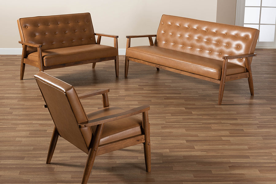 Baxton Studio Sorrento Mid-Century Modern Tan Faux Leather Upholstered and Walnut Brown Finished Wood 3-Piece Living Room Set