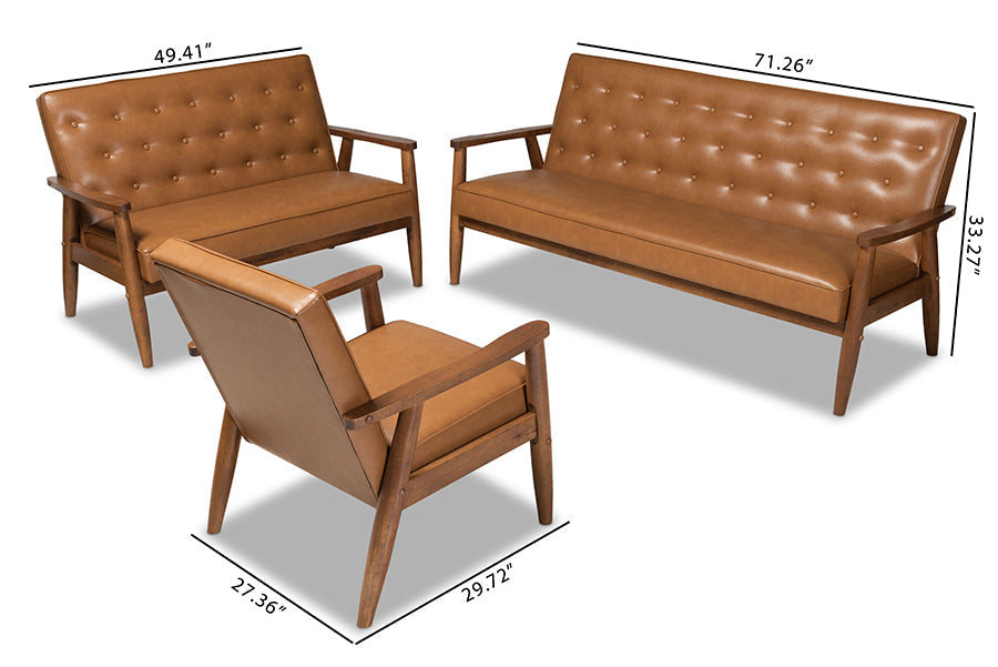 Baxton Studio Sorrento Mid-Century Modern Tan Faux Leather Upholstered and Walnut Brown Finished Wood 3-Piece Living Room Set