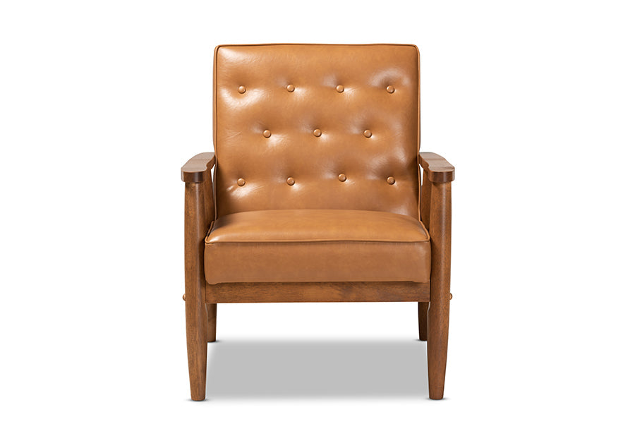 Baxton Studio Sorrento Mid-Century Modern Tan Faux Leather Upholstered and Walnut Brown Finished Wood Lounge Chair