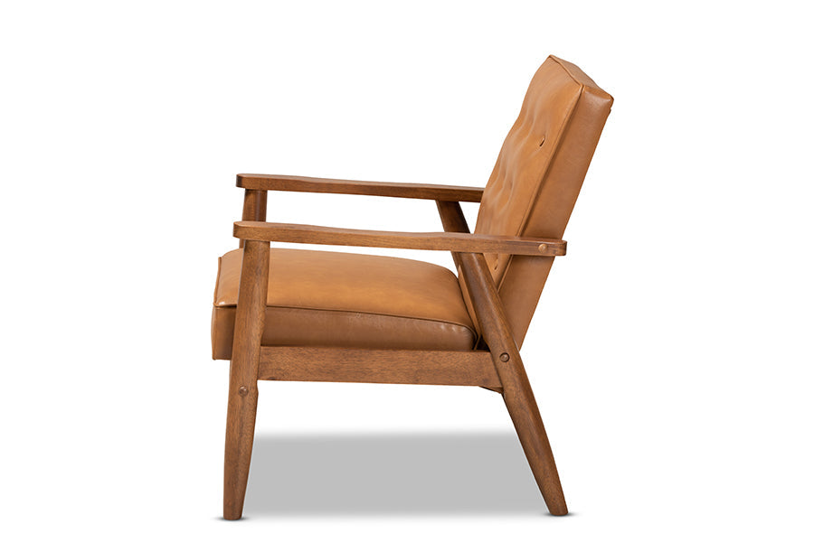 Baxton Studio Sorrento Mid-Century Modern Tan Faux Leather Upholstered and Walnut Brown Finished Wood Lounge Chair