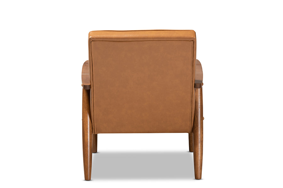 Baxton Studio Sorrento Mid-Century Modern Tan Faux Leather Upholstered and Walnut Brown Finished Wood Lounge Chair