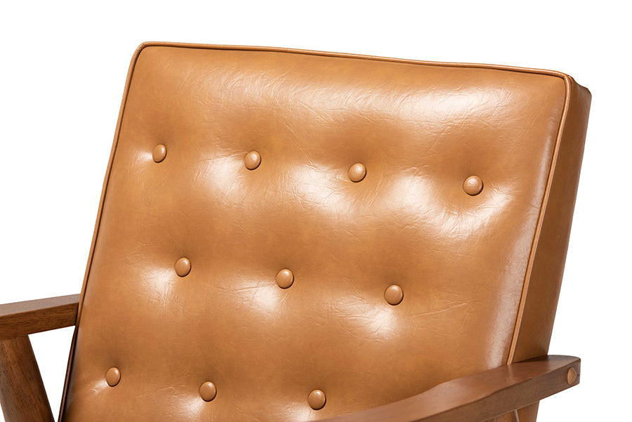 Baxton Studio Sorrento Mid-Century Modern Tan Faux Leather Upholstered and Walnut Brown Finished Wood Lounge Chair