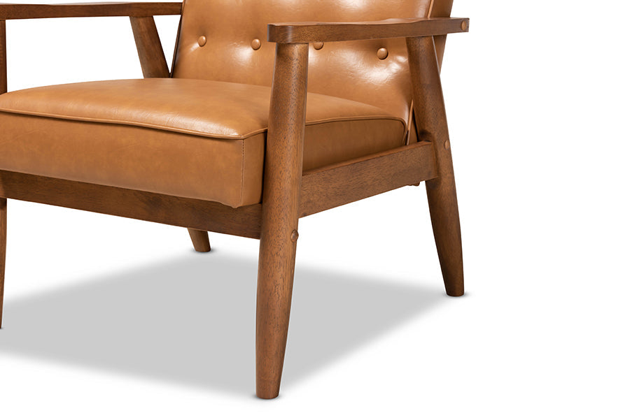 Baxton Studio Sorrento Mid-Century Modern Tan Faux Leather Upholstered and Walnut Brown Finished Wood Lounge Chair