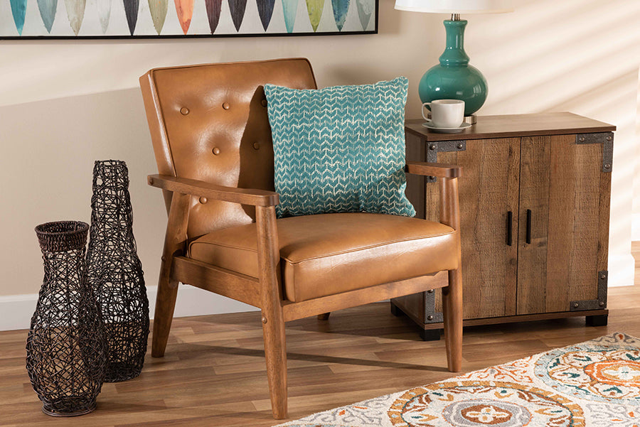 Baxton Studio Sorrento Mid-Century Modern Tan Faux Leather Upholstered and Walnut Brown Finished Wood Lounge Chair