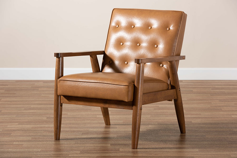 Baxton Studio Sorrento Mid-Century Modern Tan Faux Leather Upholstered and Walnut Brown Finished Wood Lounge Chair