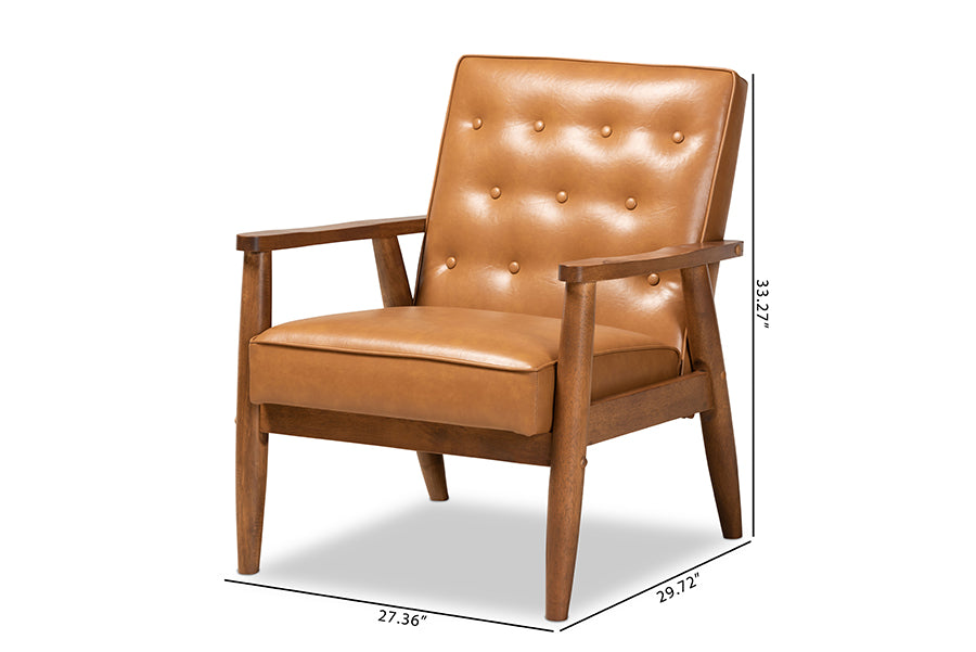 Baxton Studio Sorrento Mid-Century Modern Tan Faux Leather Upholstered and Walnut Brown Finished Wood Lounge Chair