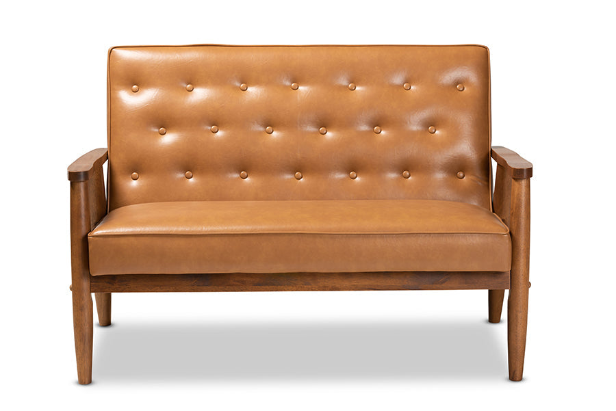 Baxton Studio Sorrento Mid-Century Modern Tan Faux Leather Upholstered and Walnut Brown Finished Wood Loveseat