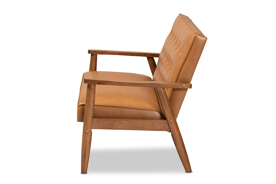 Baxton Studio Sorrento Mid-Century Modern Tan Faux Leather Upholstered and Walnut Brown Finished Wood Loveseat