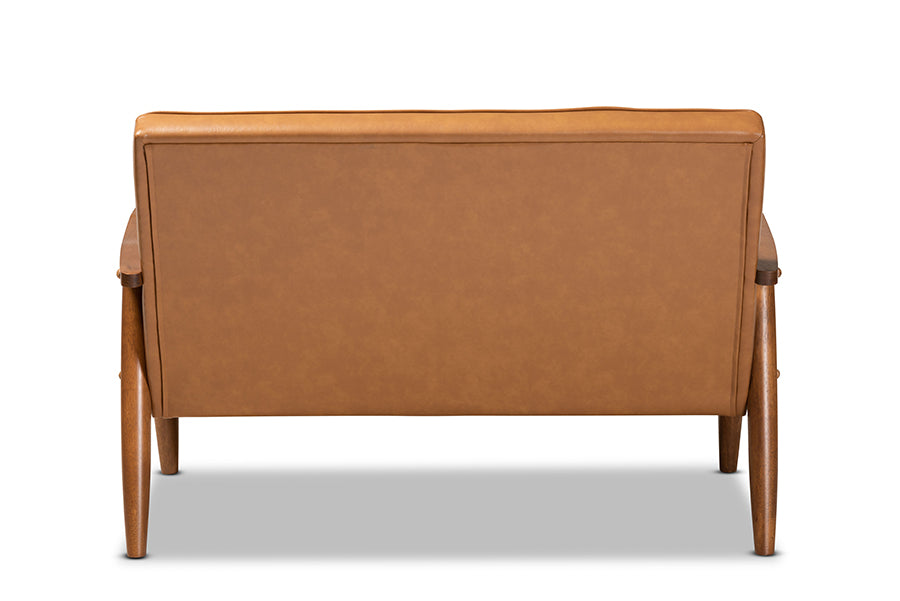 Baxton Studio Sorrento Mid-Century Modern Tan Faux Leather Upholstered and Walnut Brown Finished Wood Loveseat