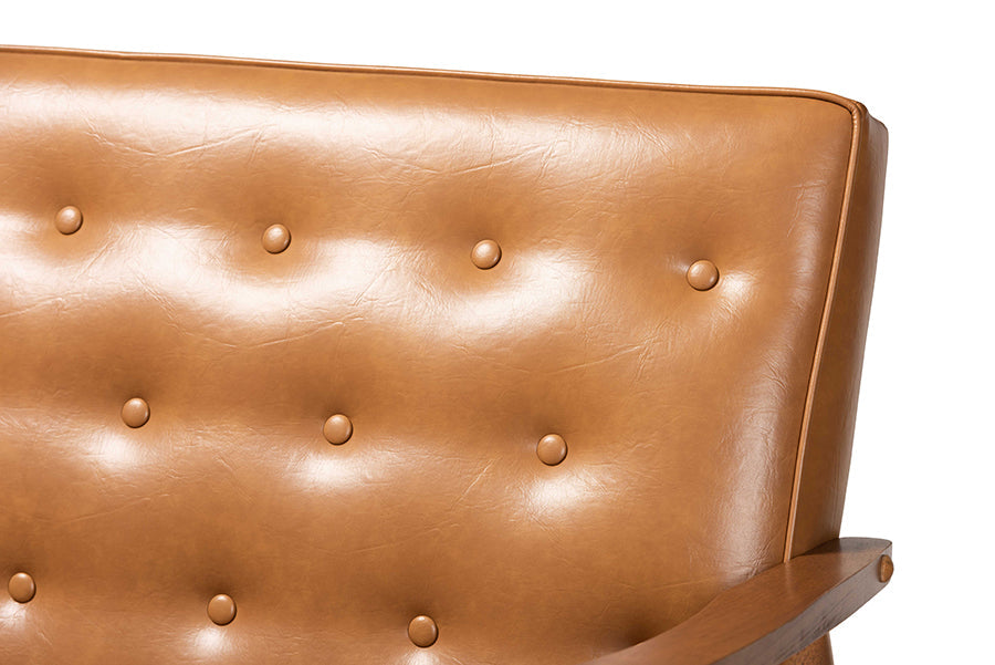 Baxton Studio Sorrento Mid-Century Modern Tan Faux Leather Upholstered and Walnut Brown Finished Wood Loveseat