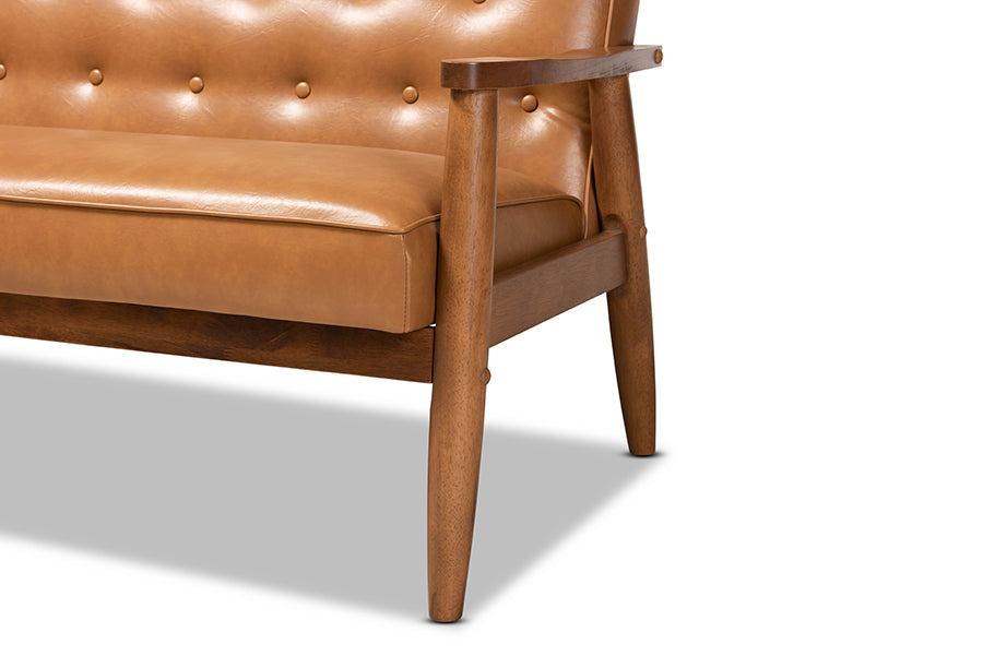 Baxton Studio Sorrento Mid-Century Modern Tan Faux Leather Upholstered and Walnut Brown Finished Wood Loveseat