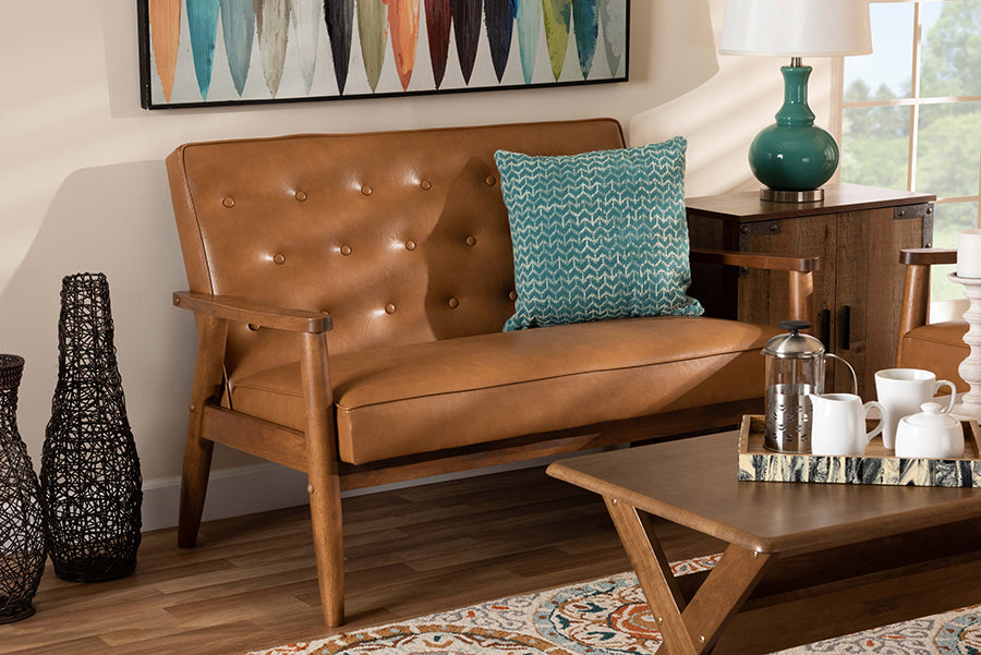 Baxton Studio Sorrento Mid-Century Modern Tan Faux Leather Upholstered and Walnut Brown Finished Wood Loveseat