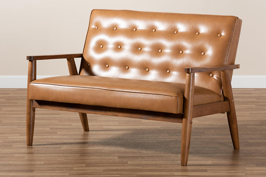 Baxton Studio Sorrento Mid-Century Modern Tan Faux Leather Upholstered and Walnut Brown Finished Wood Loveseat