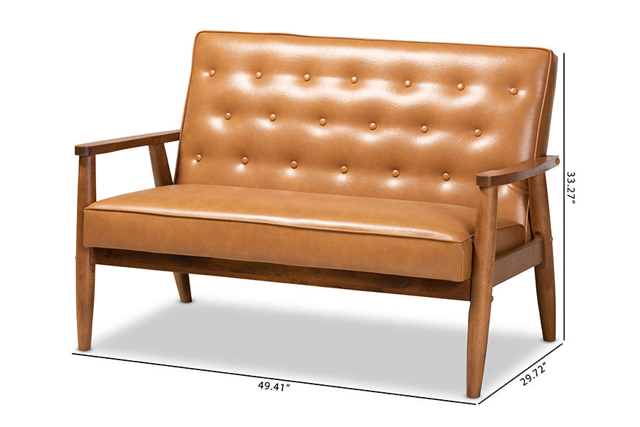 Baxton Studio Sorrento Mid-Century Modern Tan Faux Leather Upholstered and Walnut Brown Finished Wood Loveseat