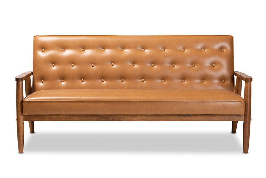Baxton Studio Sorrento Mid-Century Modern Tan Faux Leather Upholstered and Walnut Brown Finished Wood Sofa