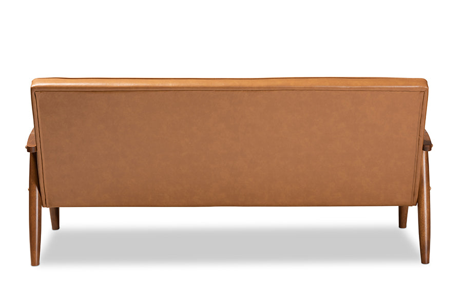 Baxton Studio Sorrento Mid-Century Modern Tan Faux Leather Upholstered and Walnut Brown Finished Wood Sofa