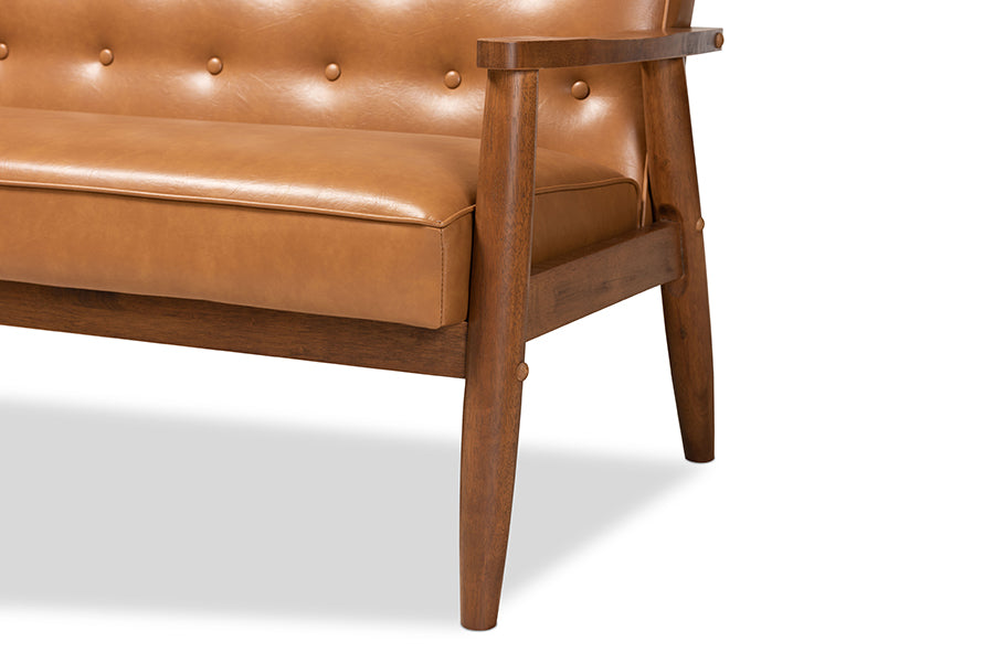 Baxton Studio Sorrento Mid-Century Modern Tan Faux Leather Upholstered and Walnut Brown Finished Wood Sofa