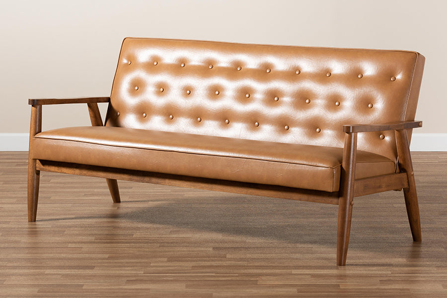 Baxton Studio Sorrento Mid-Century Modern Tan Faux Leather Upholstered and Walnut Brown Finished Wood Sofa