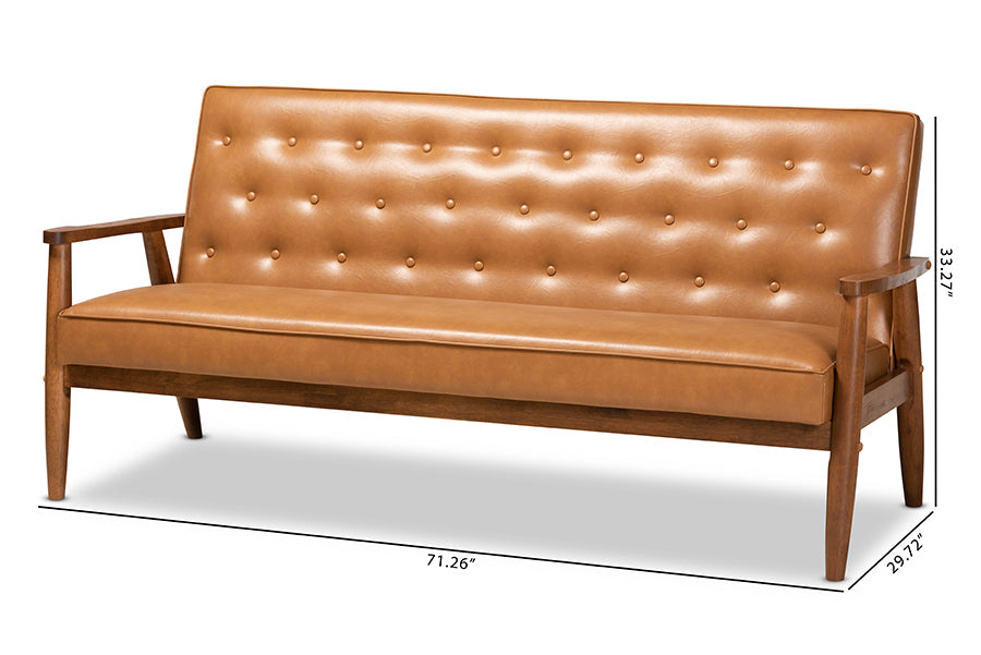 Baxton Studio Sorrento Mid-Century Modern Tan Faux Leather Upholstered and Walnut Brown Finished Wood Sofa