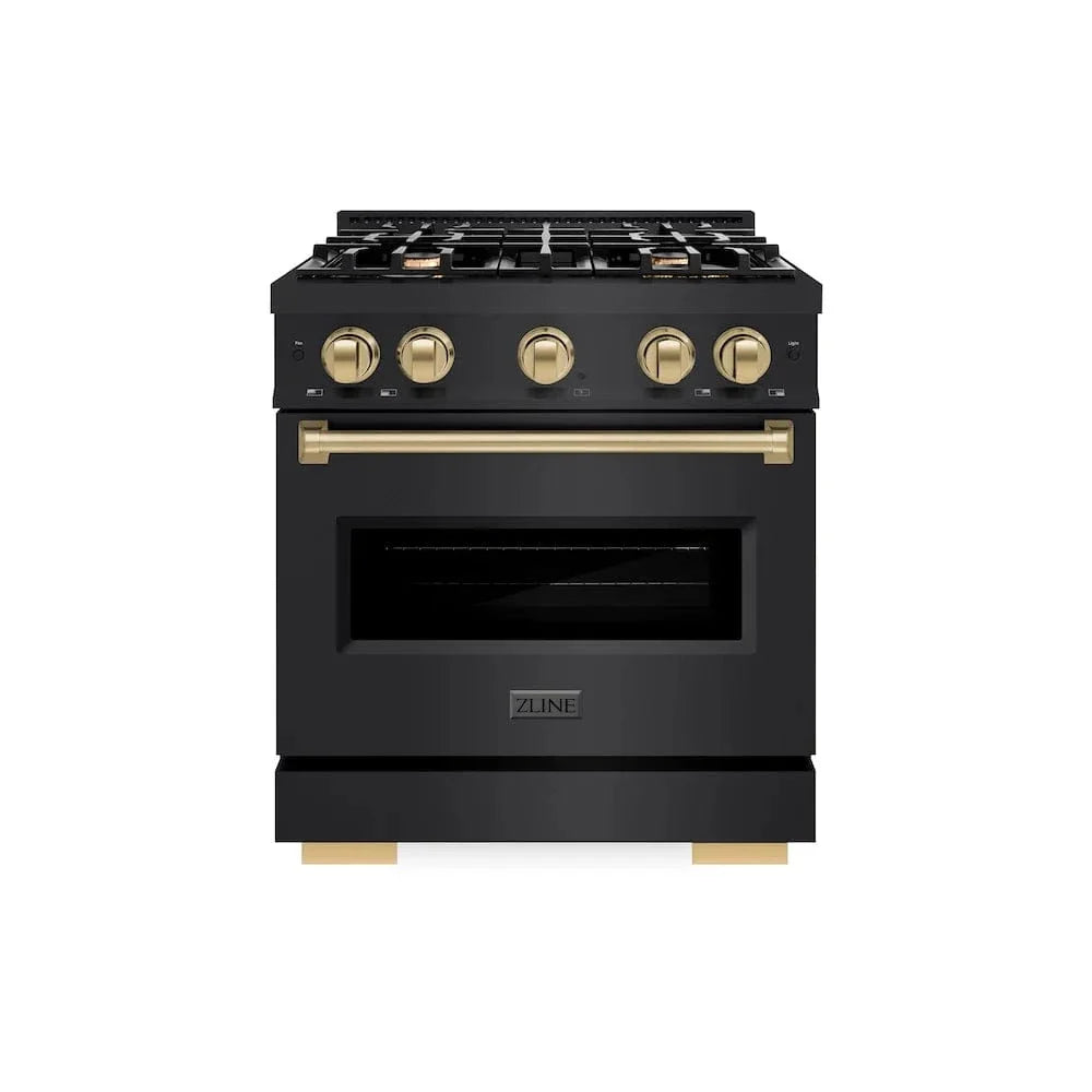 ZLINE 30" Dual Fuel Range, Gas Cooktop, Electric Convection Oven Black Stainless Steel, Champagne Bronze CDRBZ-30-CB