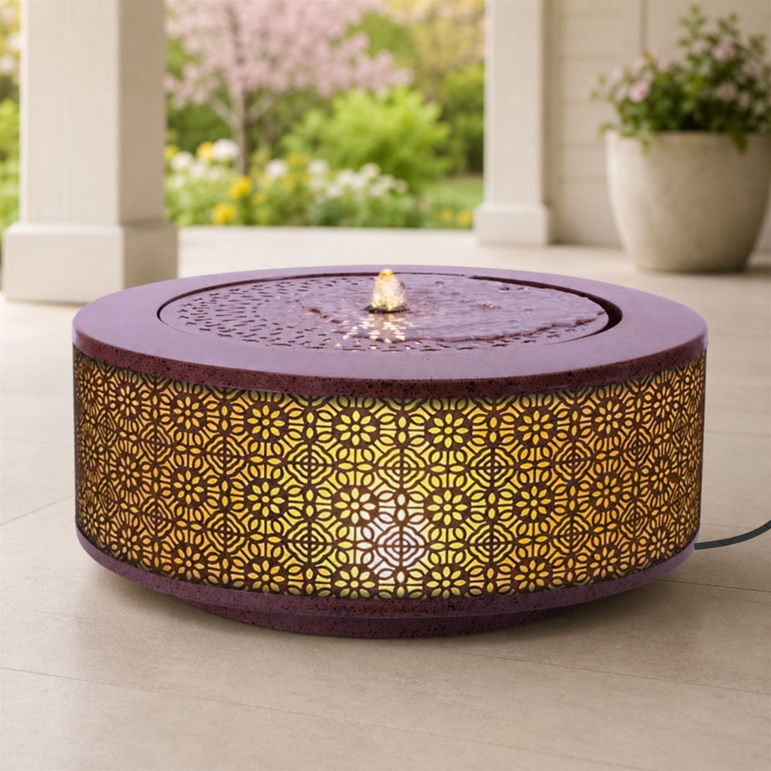Illuminated Cut-Out Metal Round Tabletop Fountain 23.5"D