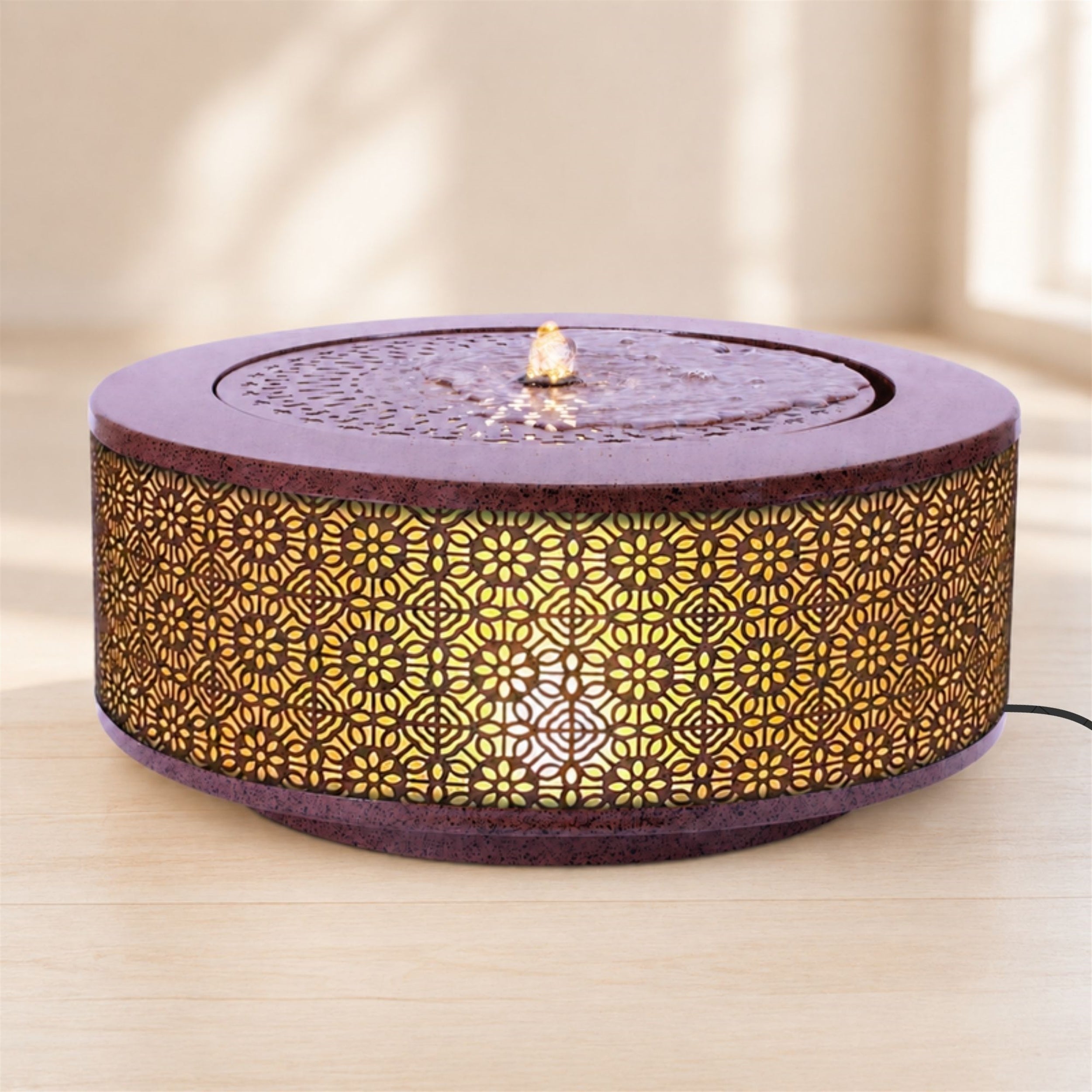 Illuminated Cut-Out Metal Round Tabletop Fountain 23.5"D