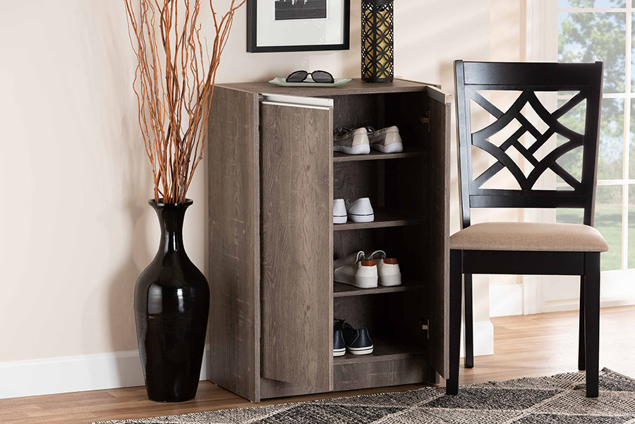 Baxton Studio Langston Modern and Contemporary Weathered Oak Finished Wood 2-Door Shoe Cabinet