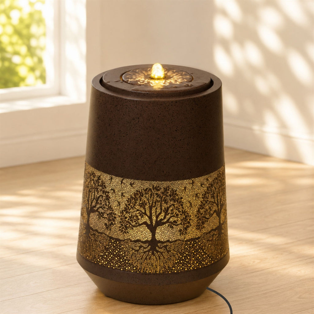 Illuminated Cut-Out Metal Tree Pattern Fountain 21"H