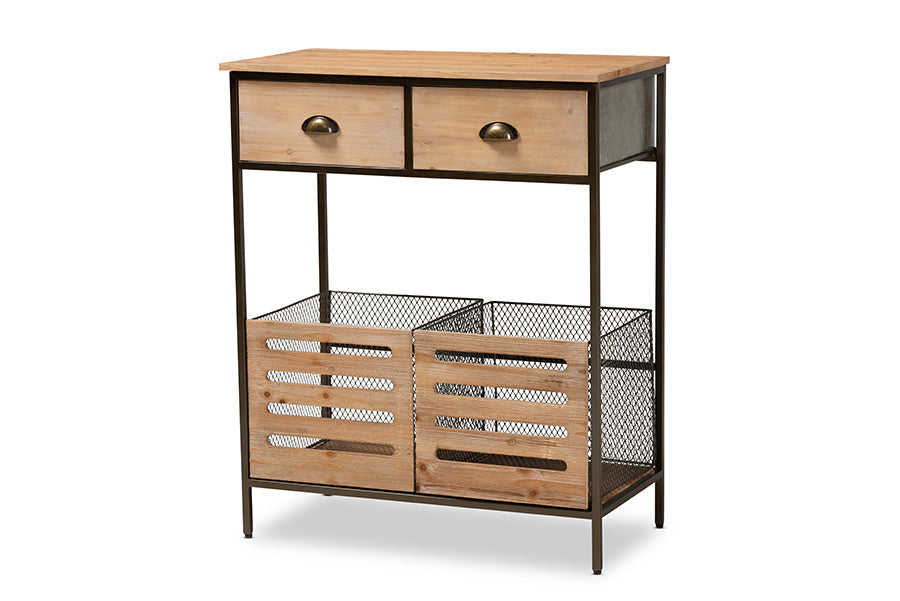 Baxton Studio Abram Modern Farmhouse Industrial Oak Brown Finished Wood and Black Metal 2-Drawer Multipurpose Kitchen Storage Cabinet