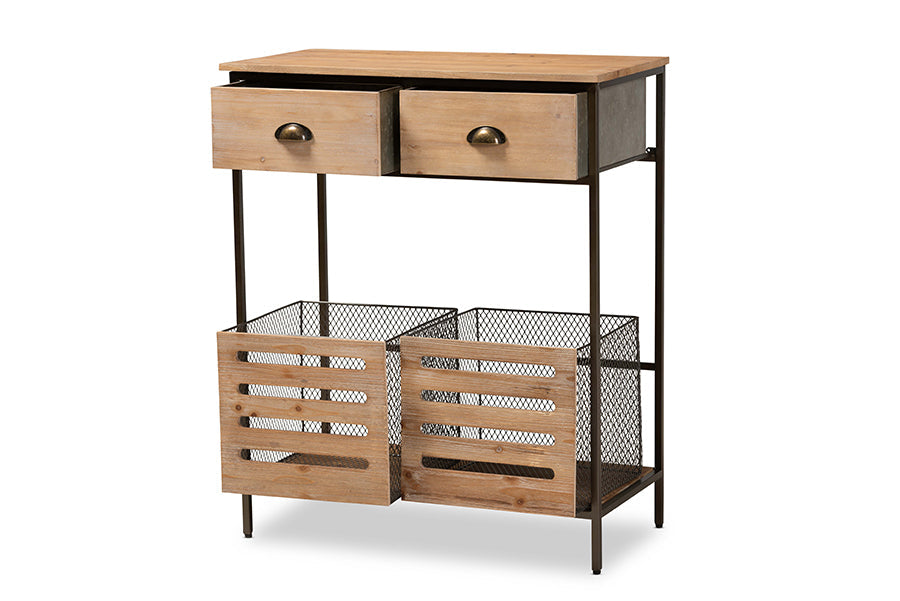 Baxton Studio Abram Modern Farmhouse Industrial Oak Brown Finished Wood and Black Metal 2-Drawer Multipurpose Kitchen Storage Cabinet