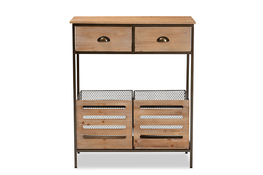 Baxton Studio Abram Modern Farmhouse Industrial Oak Brown Finished Wood and Black Metal 2-Drawer Multipurpose Kitchen Storage Cabinet