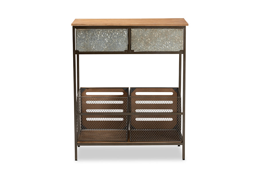 Baxton Studio Abram Modern Farmhouse Industrial Oak Brown Finished Wood and Black Metal 2-Drawer Multipurpose Kitchen Storage Cabinet