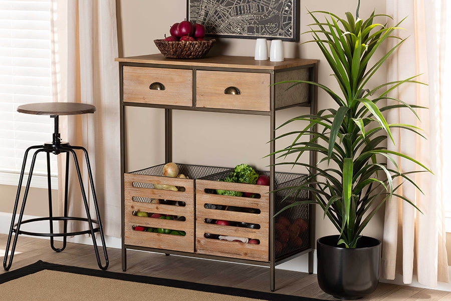 Baxton Studio Abram Modern Farmhouse Industrial Oak Brown Finished Wood and Black Metal 2-Drawer Multipurpose Kitchen Storage Cabinet