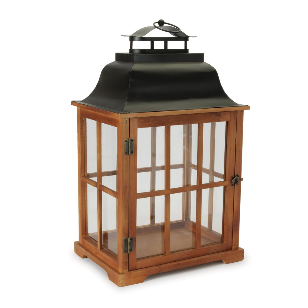 Rustic Wood and Iron Framed Glass Lantern (Set of 2)