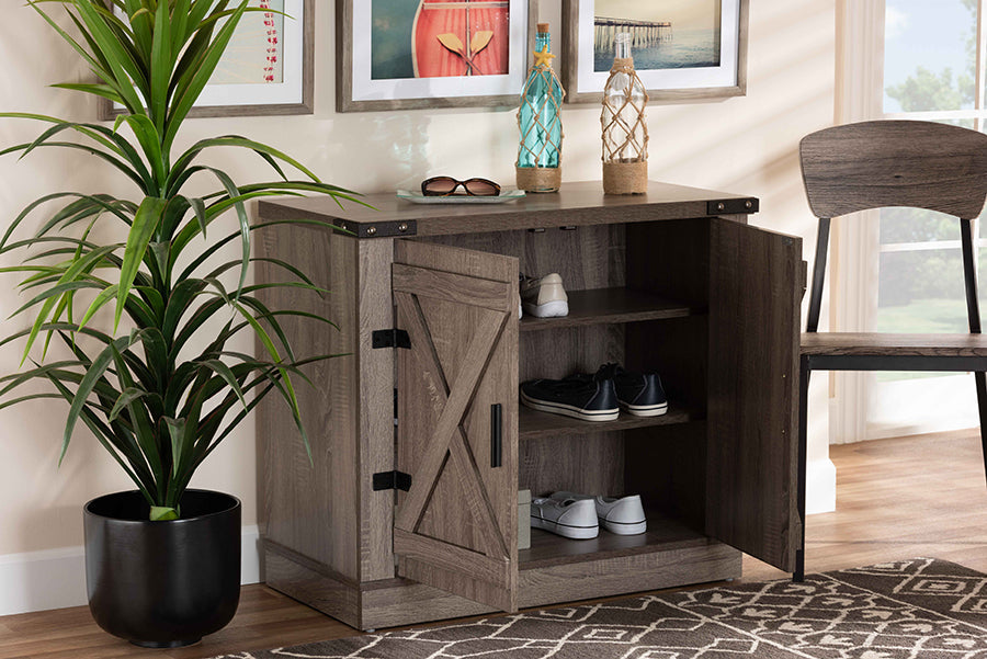 Baxton Studio Wayne Modern Contemporary Farmhouse Oak Brown Finished Wood 2-Door Shoe Storage Cabinet