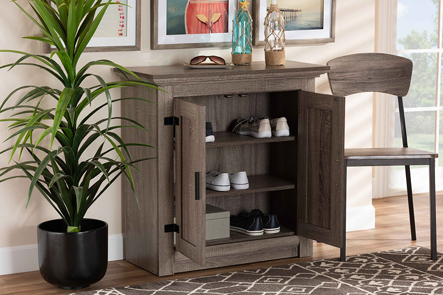 Baxton Studio Bruce Modern Contemporary Farmhouse Oak Brown Finished Wood 2-Door Shoe Storage Cabinet
