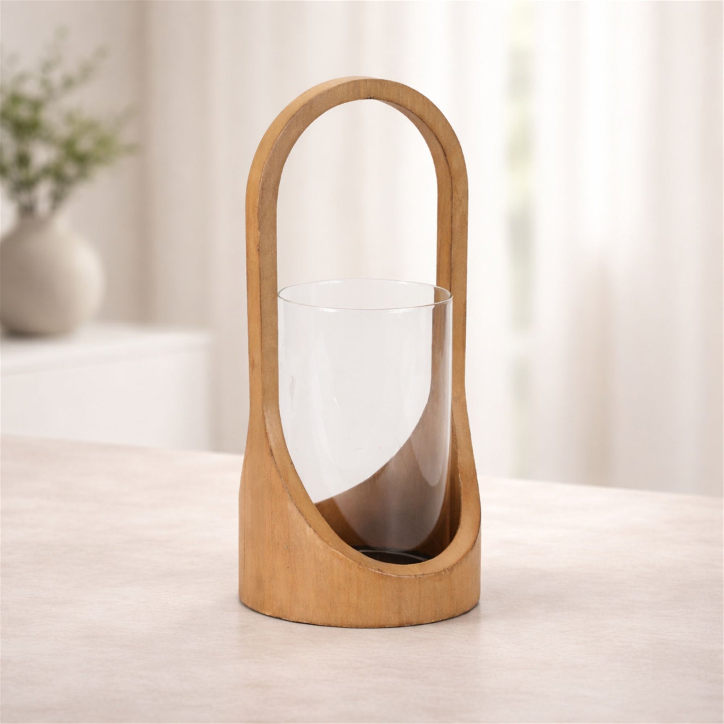 Arched Wood Candle Holder with Glass Hurricane 14"H