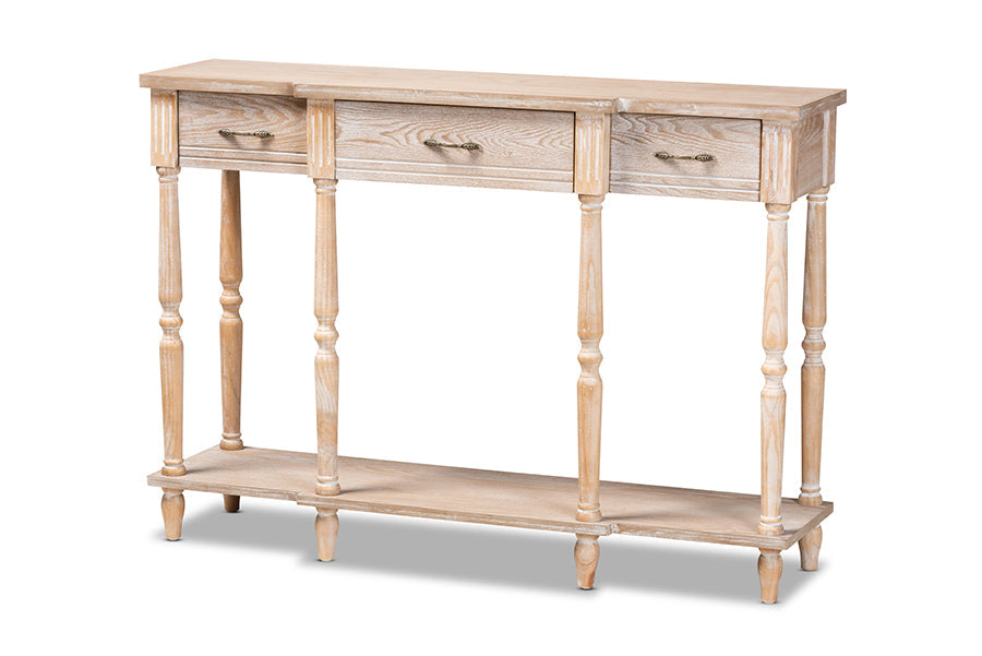 Baxton Studio Hallan Classic and Traditional French Provincial Rustic Whitewashed Oak Brown Finished Wood 3-Drawer Console Table