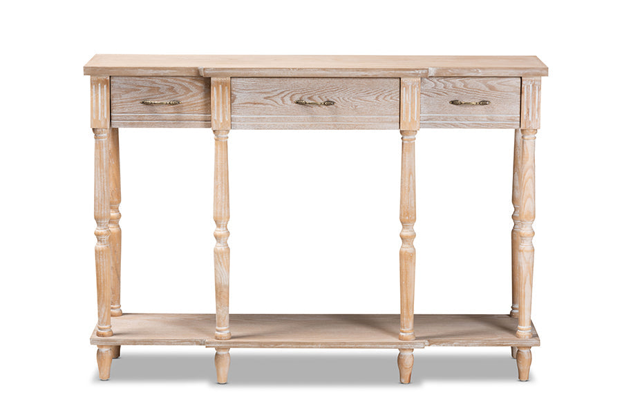 Baxton Studio Hallan Classic and Traditional French Provincial Rustic Whitewashed Oak Brown Finished Wood 3-Drawer Console Table