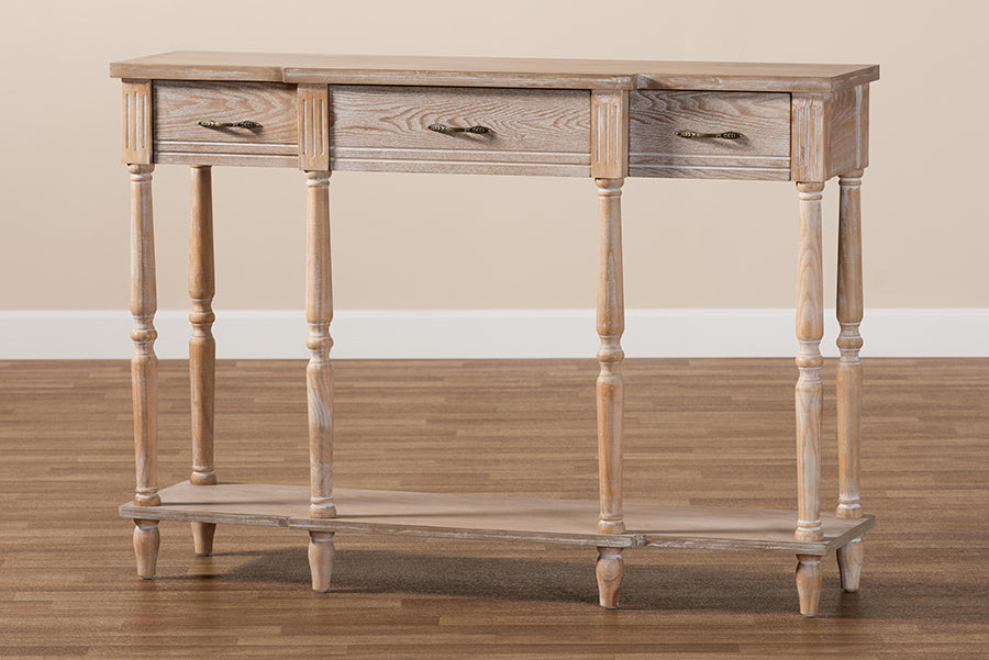 Baxton Studio Hallan Classic and Traditional French Provincial Rustic Whitewashed Oak Brown Finished Wood 3-Drawer Console Table