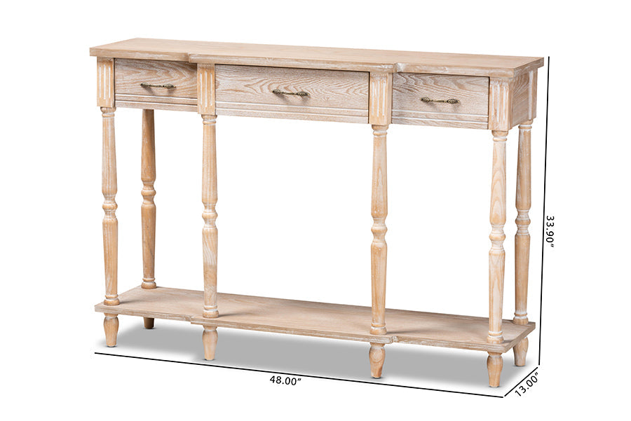 Baxton Studio Hallan Classic and Traditional French Provincial Rustic Whitewashed Oak Brown Finished Wood 3-Drawer Console Table