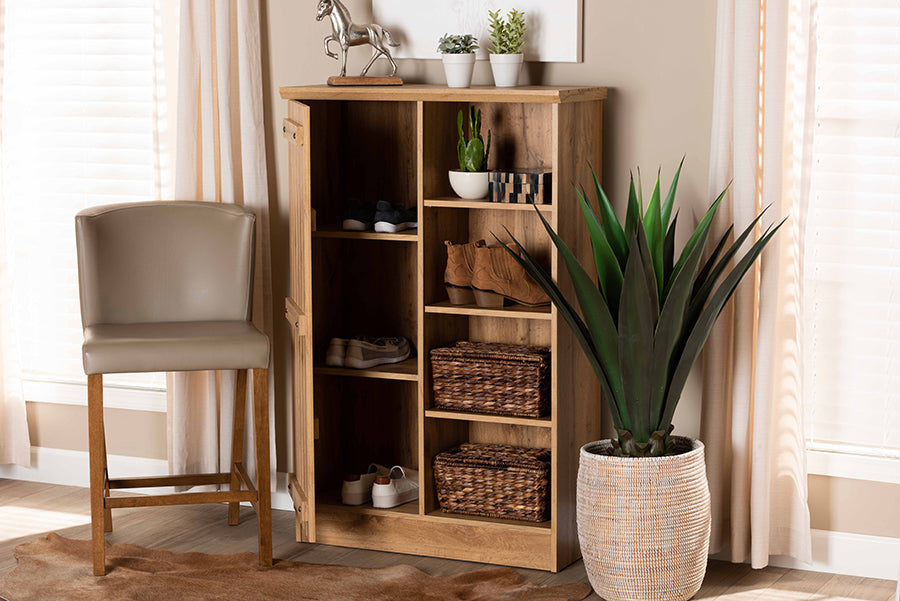 Baxton Studio Eren Modern and Contemporary Farmhouse Natural Oak Brown Finished Wood 1-Door Shoe Cabinet